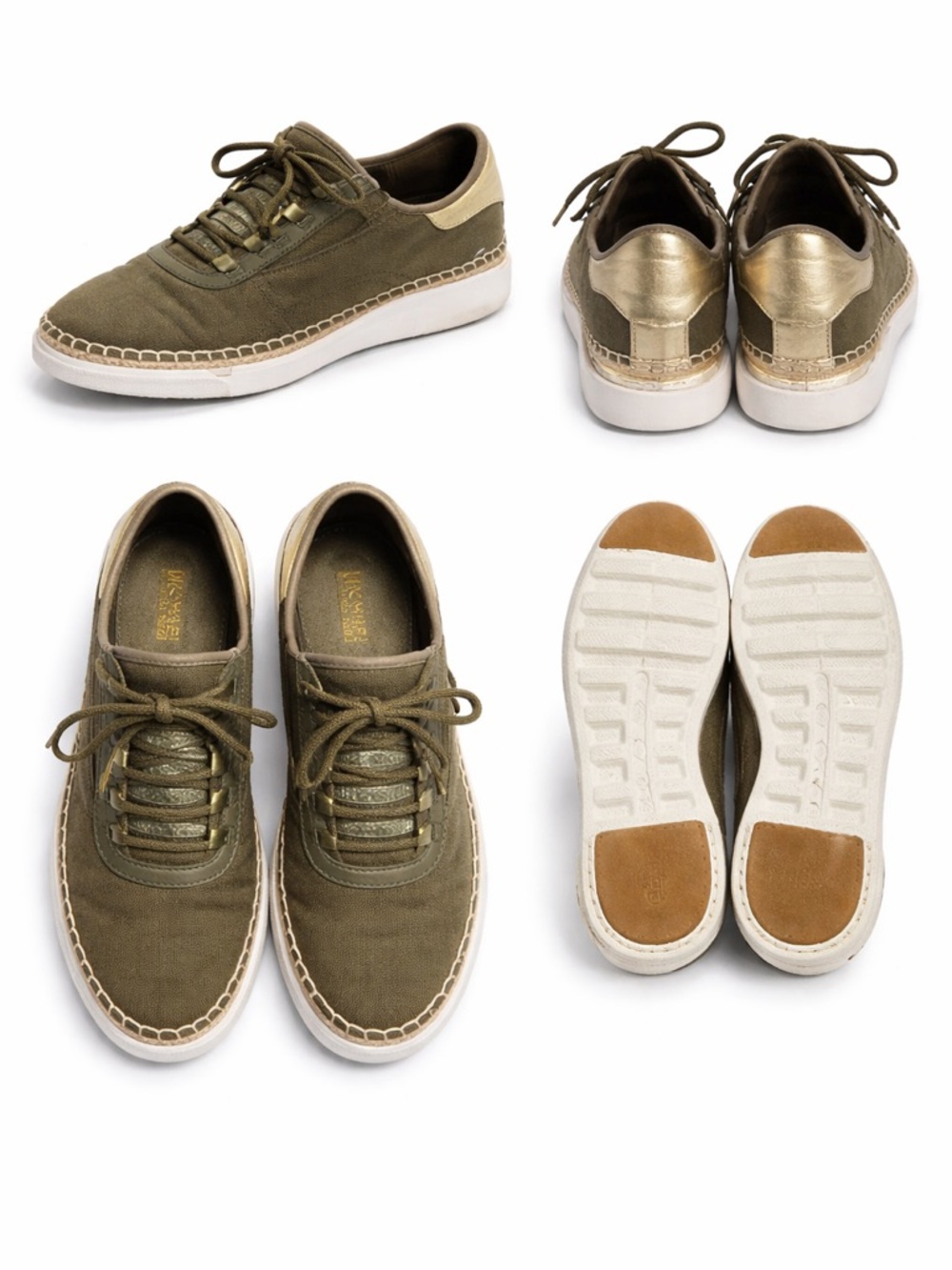 Michael Kors Finch Lace Up Sneakers Olive Green Gold Canvas Espadrille Size 7